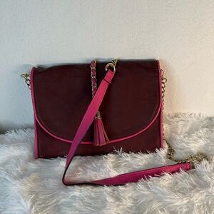 Women's Burgundy Crossbody Bag with Pink Trim and Tassel